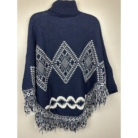 AZ Cape Poncho With Sleeves Navy With Boho Aztec Design - Picture 9 of 15